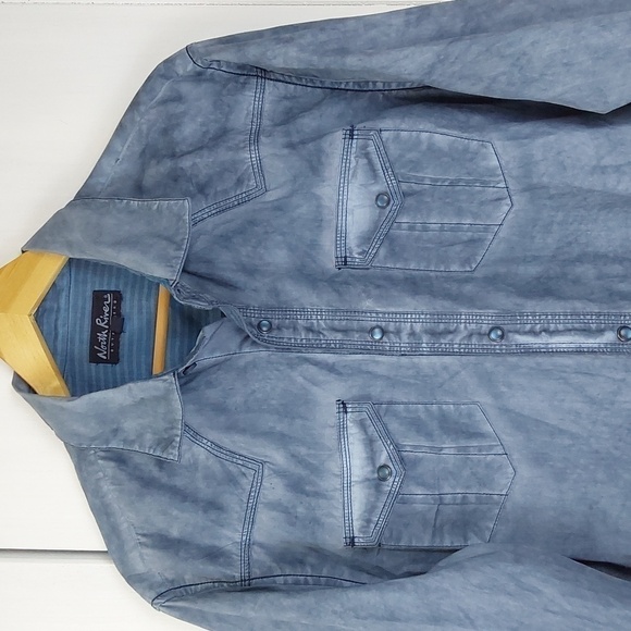 North River Outfitters Blue Cotton Denim Distressed BLUE pearl Snap shirt Sz.L - Picture 2 of 9